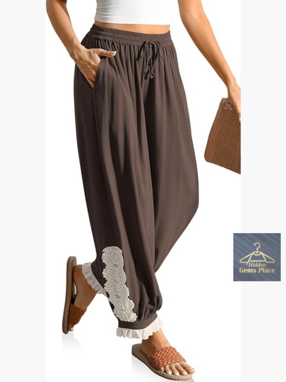 Linen Harem Pants with Lace Trim - Boho Casual Wide Leg